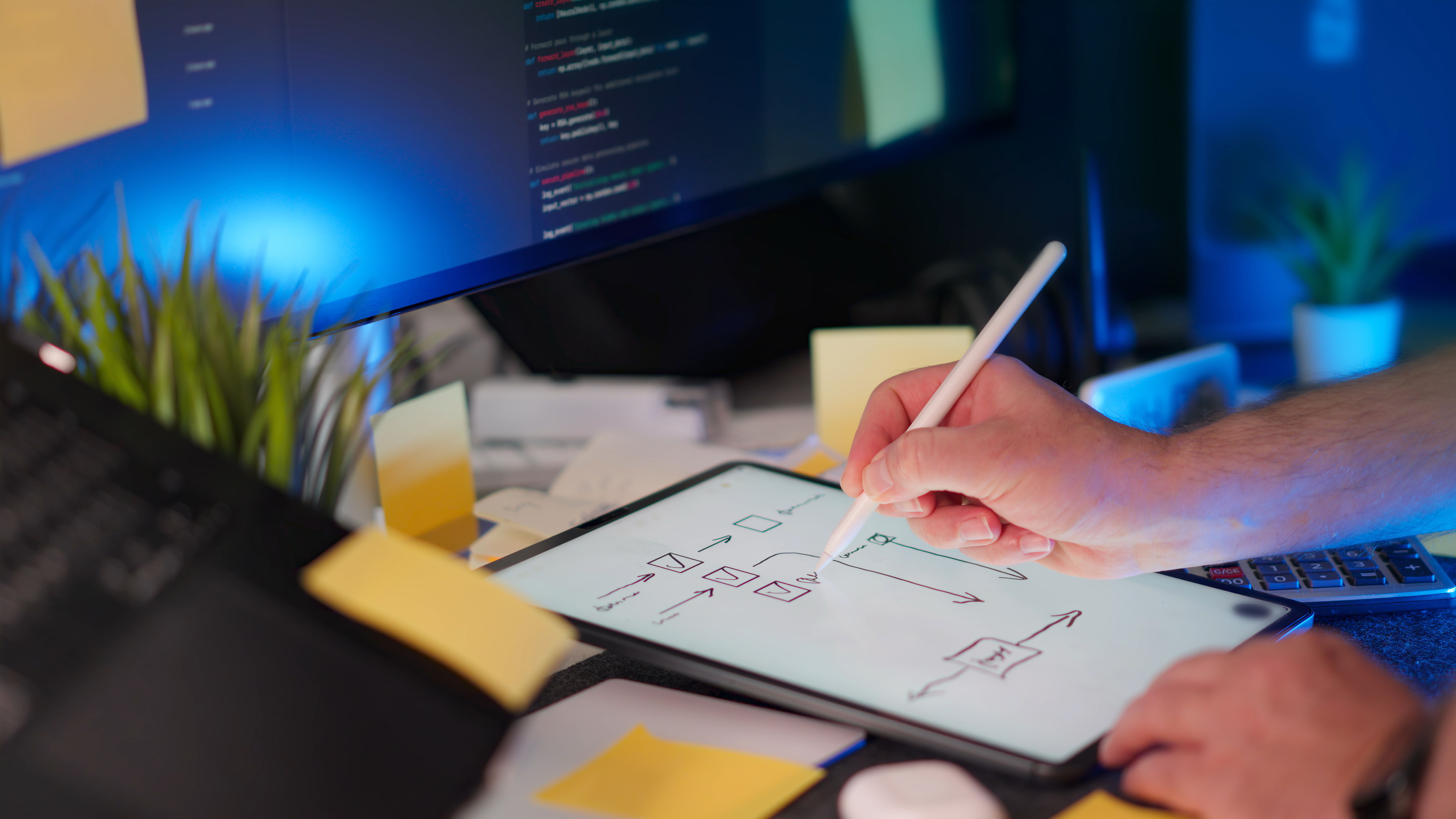 Modern workspace with digital sketching and coding — software project estimation tools in action