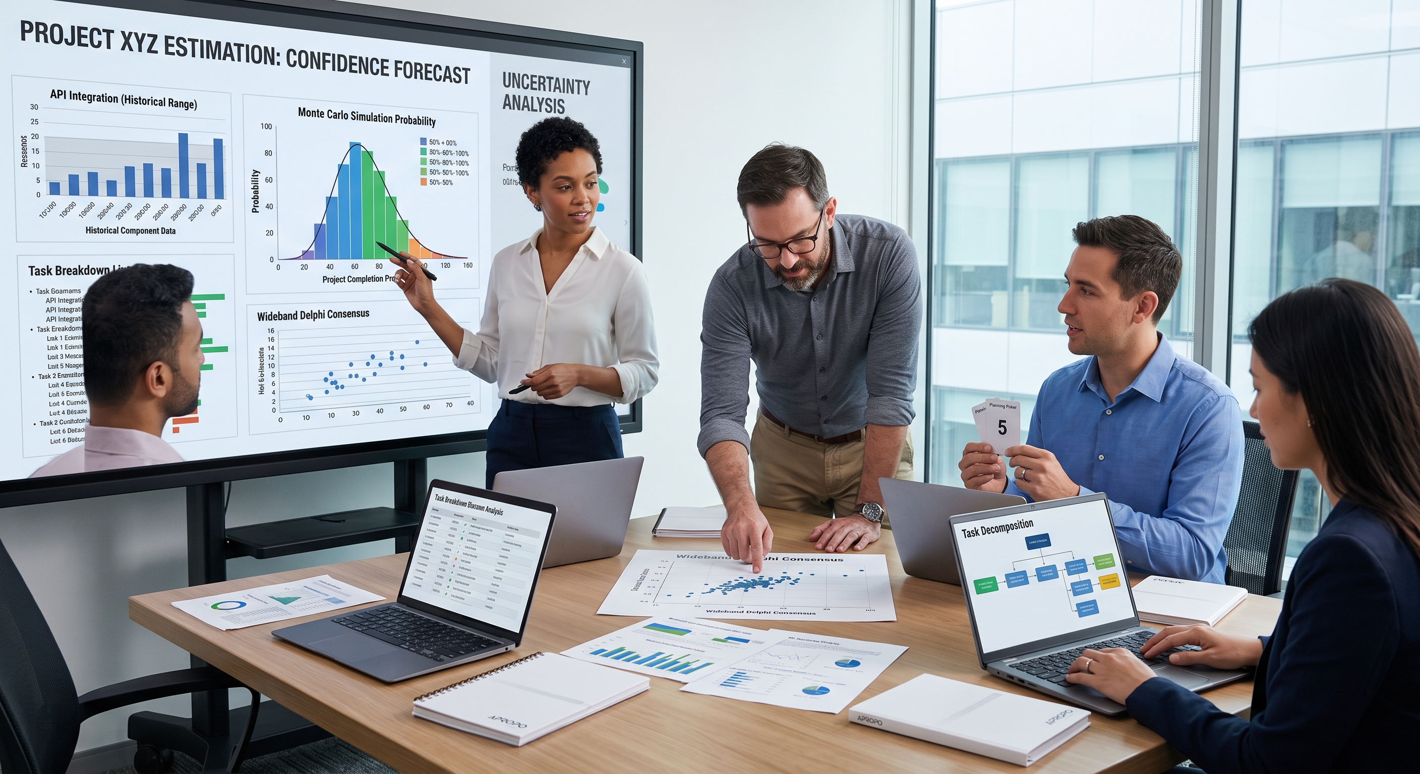 Group of professionals analyzing project data and charts on documents